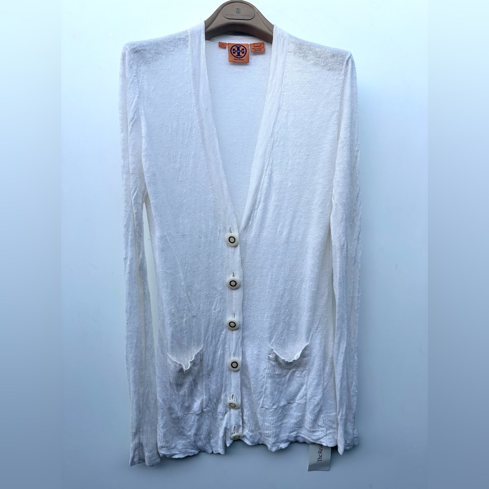 Tory Burch 100% Linen Logo Buttons Lightweight Cream White Cardigan, S